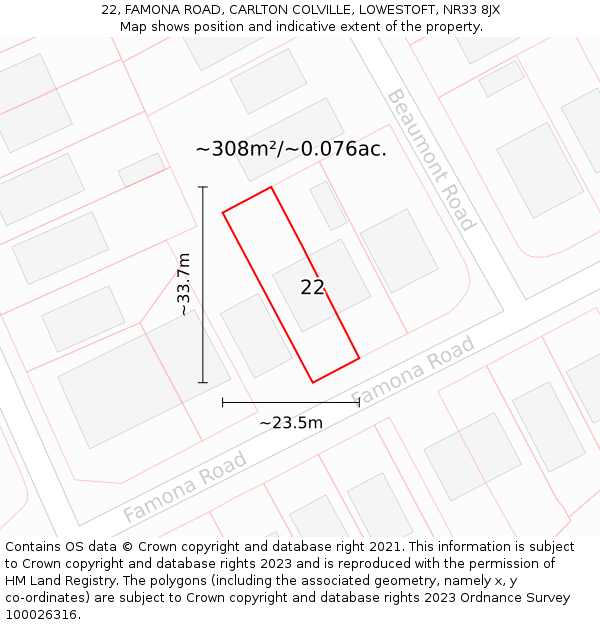 22, FAMONA ROAD, CARLTON COLVILLE, LOWESTOFT, NR33 8JX: Plot and title map
