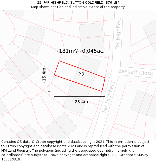 22, FAR HIGHFIELD, SUTTON COLDFIELD, B76 1BP: Plot and title map