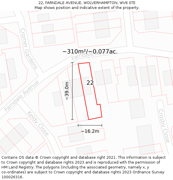 22, FARNDALE AVENUE, WOLVERHAMPTON, WV6 0TE: Plot and title map