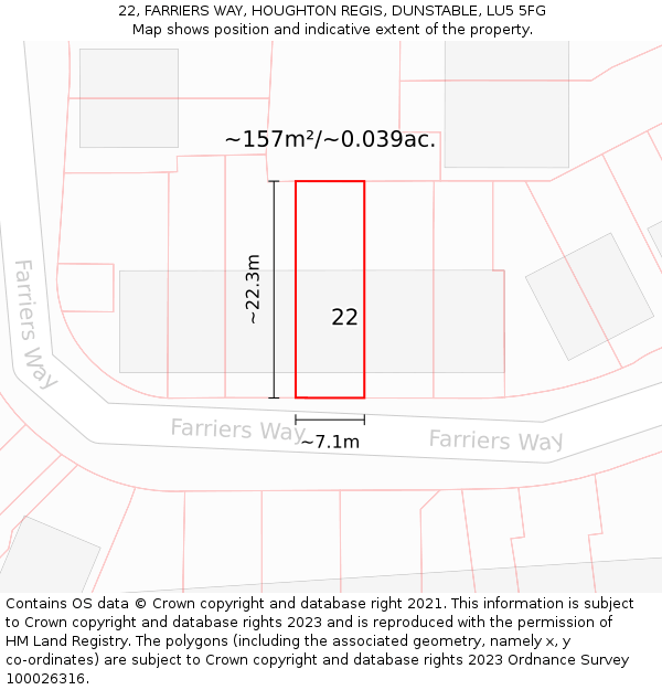 22, FARRIERS WAY, HOUGHTON REGIS, DUNSTABLE, LU5 5FG: Plot and title map