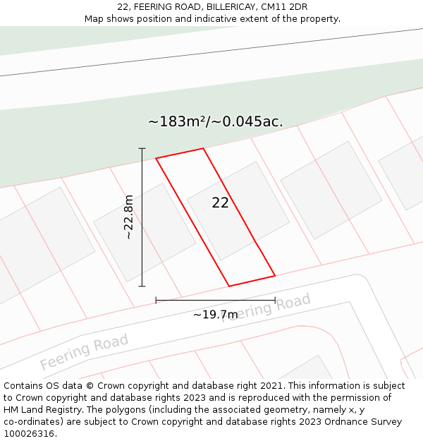 22, FEERING ROAD, BILLERICAY, CM11 2DR: Plot and title map