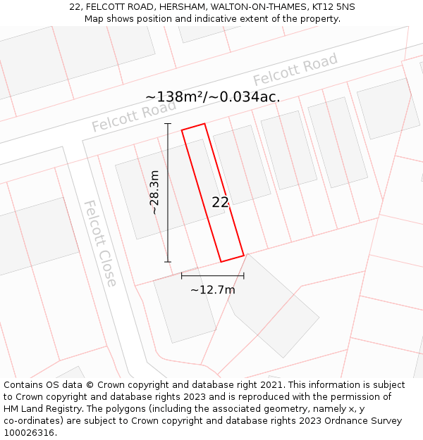 22, FELCOTT ROAD, HERSHAM, WALTON-ON-THAMES, KT12 5NS: Plot and title map