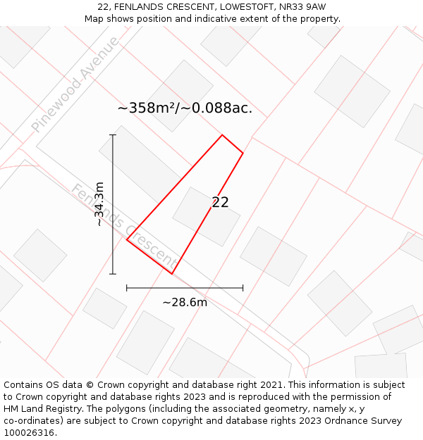22, FENLANDS CRESCENT, LOWESTOFT, NR33 9AW: Plot and title map