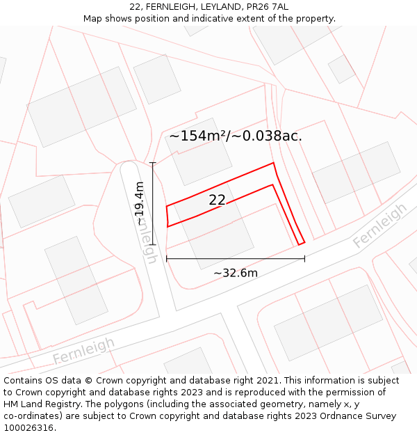 22, FERNLEIGH, LEYLAND, PR26 7AL: Plot and title map