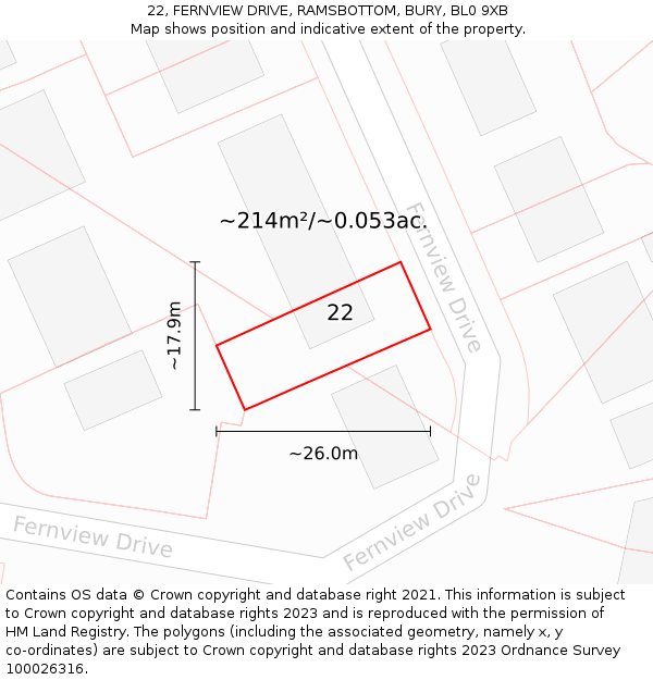 22, FERNVIEW DRIVE, RAMSBOTTOM, BURY, BL0 9XB: Plot and title map