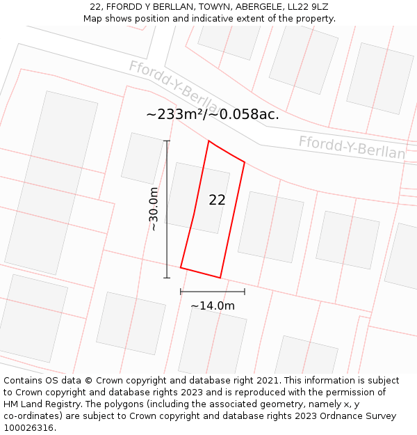 22, FFORDD Y BERLLAN, TOWYN, ABERGELE, LL22 9LZ: Plot and title map