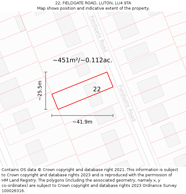 22, FIELDGATE ROAD, LUTON, LU4 9TA: Plot and title map