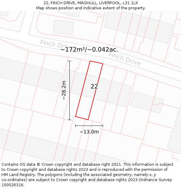 22, FINCH DRIVE, MAGHULL, LIVERPOOL, L31 1LX: Plot and title map