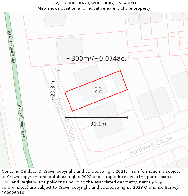 22, FINDON ROAD, WORTHING, BN14 0AB: Plot and title map