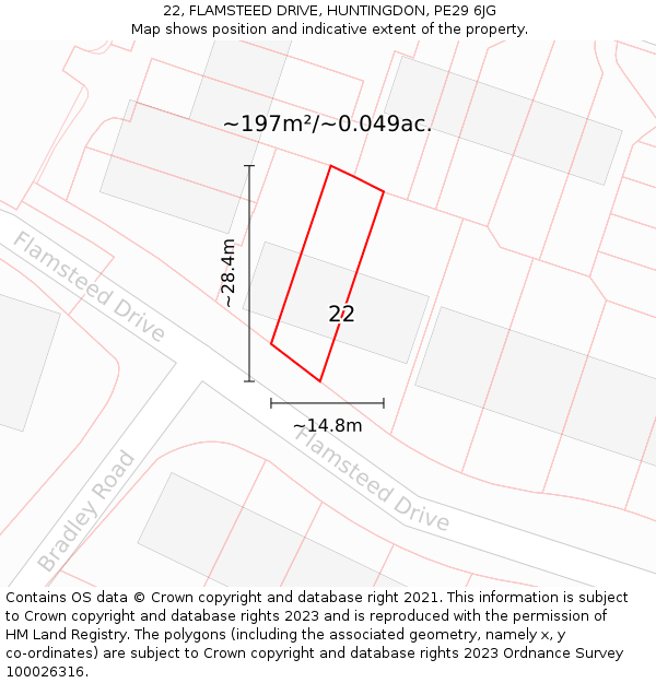 22, FLAMSTEED DRIVE, HUNTINGDON, PE29 6JG: Plot and title map