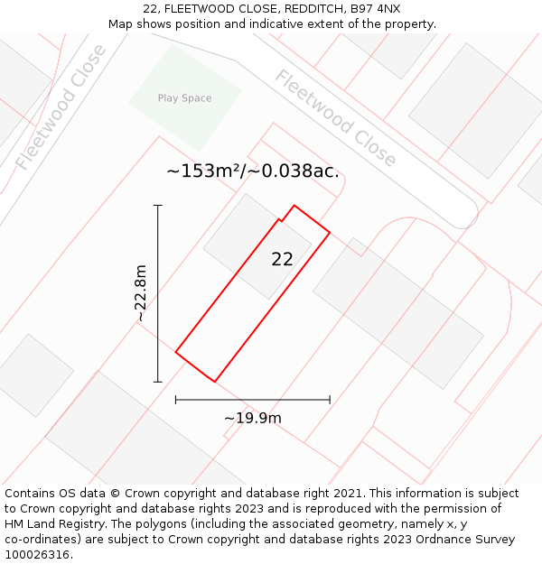 22, FLEETWOOD CLOSE, REDDITCH, B97 4NX: Plot and title map