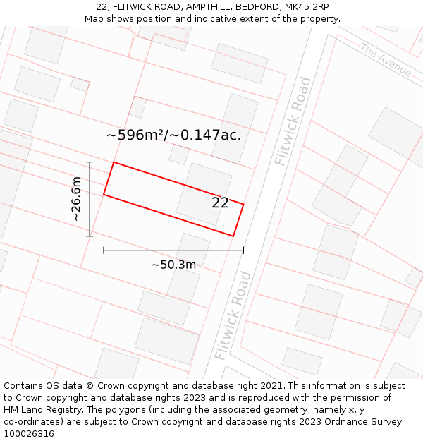 22, FLITWICK ROAD, AMPTHILL, BEDFORD, MK45 2RP: Plot and title map