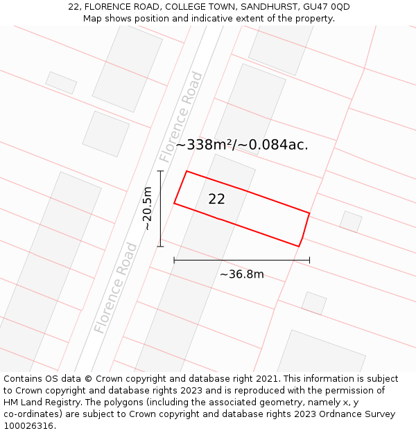 22, FLORENCE ROAD, COLLEGE TOWN, SANDHURST, GU47 0QD: Plot and title map