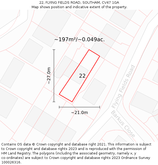 22, FLYING FIELDS ROAD, SOUTHAM, CV47 1GA: Plot and title map