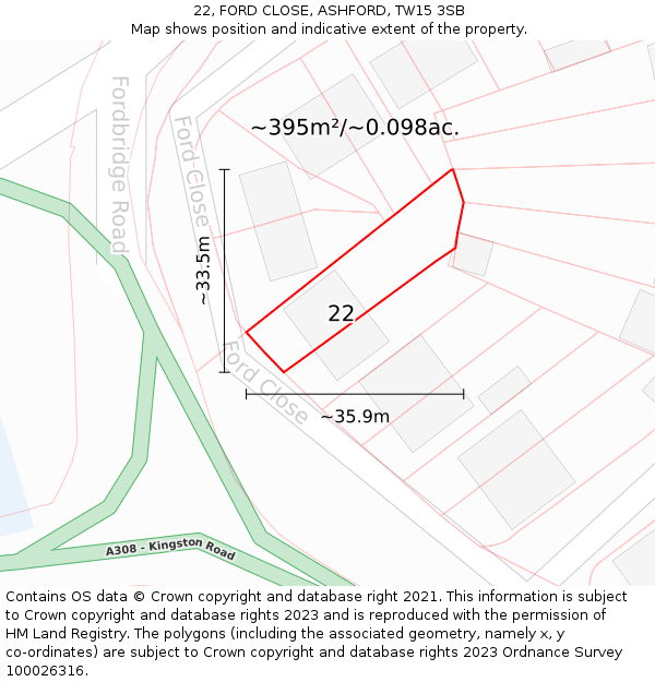 22, FORD CLOSE, ASHFORD, TW15 3SB: Plot and title map