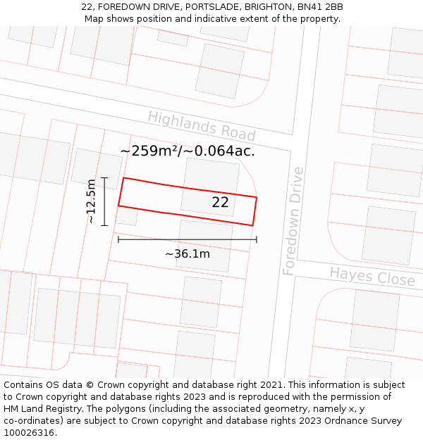 22, FOREDOWN DRIVE, PORTSLADE, BRIGHTON, BN41 2BB: Plot and title map