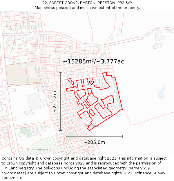 22, FOREST GROVE, BARTON, PRESTON, PR3 5AY: Plot and title map