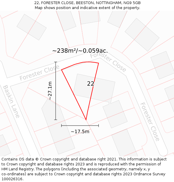 22, FORESTER CLOSE, BEESTON, NOTTINGHAM, NG9 5GB: Plot and title map
