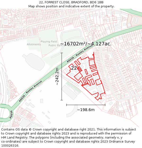 22, FORREST CLOSE, BRADFORD, BD6 1BB: Plot and title map