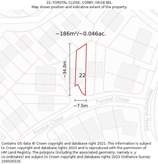 22, FORSTAL CLOSE, CORBY, NN18 8EL: Plot and title map