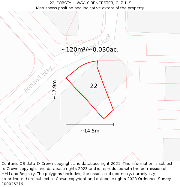 22, FORSTALL WAY, CIRENCESTER, GL7 1LS: Plot and title map