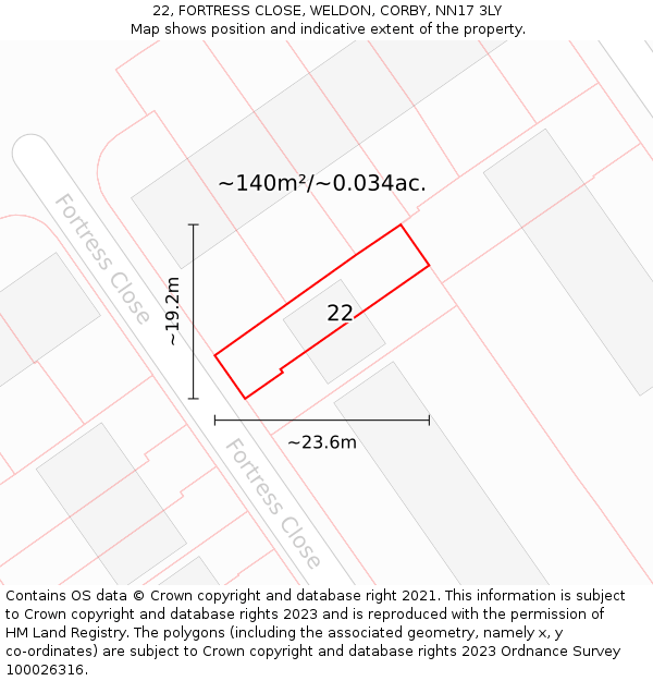 22, FORTRESS CLOSE, WELDON, CORBY, NN17 3LY: Plot and title map