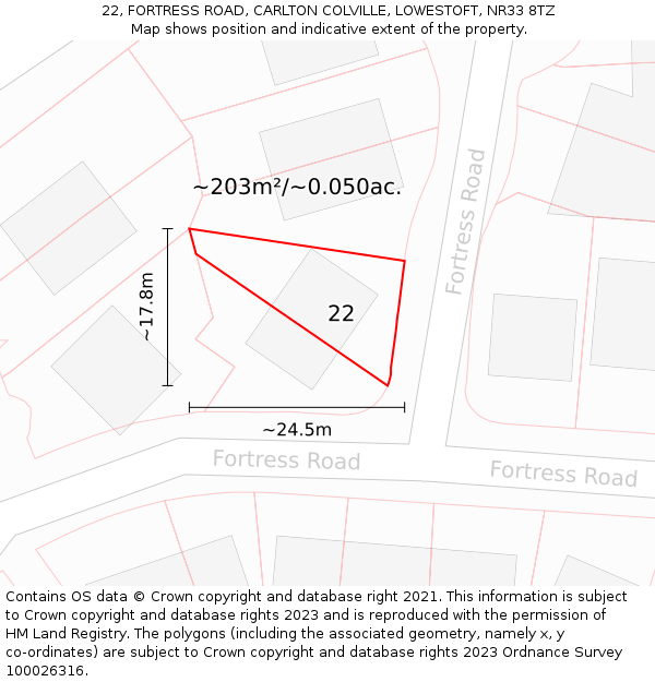 22, FORTRESS ROAD, CARLTON COLVILLE, LOWESTOFT, NR33 8TZ: Plot and title map