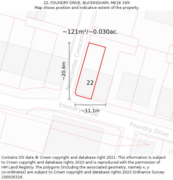 22, FOUNDRY DRIVE, BUCKINGHAM, MK18 1WX: Plot and title map