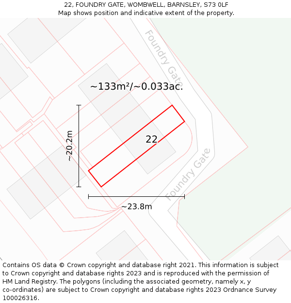 22, FOUNDRY GATE, WOMBWELL, BARNSLEY, S73 0LF: Plot and title map