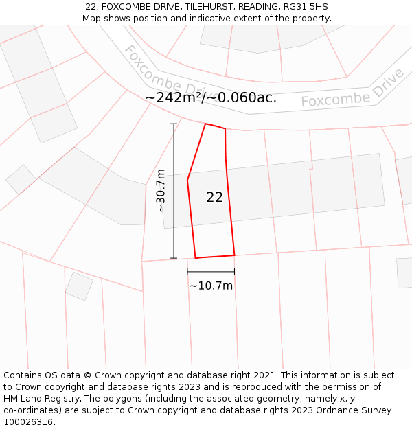 22, FOXCOMBE DRIVE, TILEHURST, READING, RG31 5HS: Plot and title map