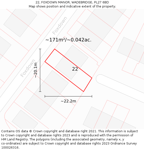 22, FOXDOWN MANOR, WADEBRIDGE, PL27 6BD: Plot and title map