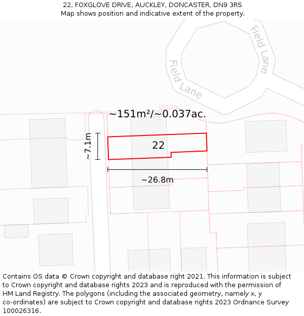 22, FOXGLOVE DRIVE, AUCKLEY, DONCASTER, DN9 3RS: Plot and title map
