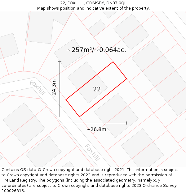 22, FOXHILL, GRIMSBY, DN37 9QL: Plot and title map