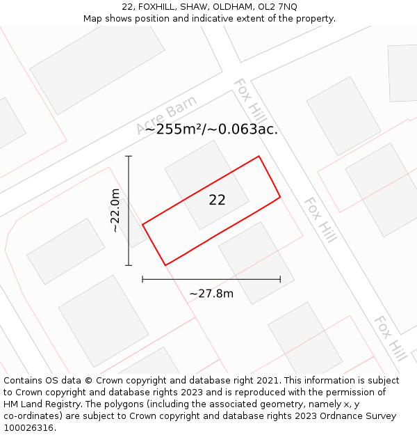 22, FOXHILL, SHAW, OLDHAM, OL2 7NQ: Plot and title map