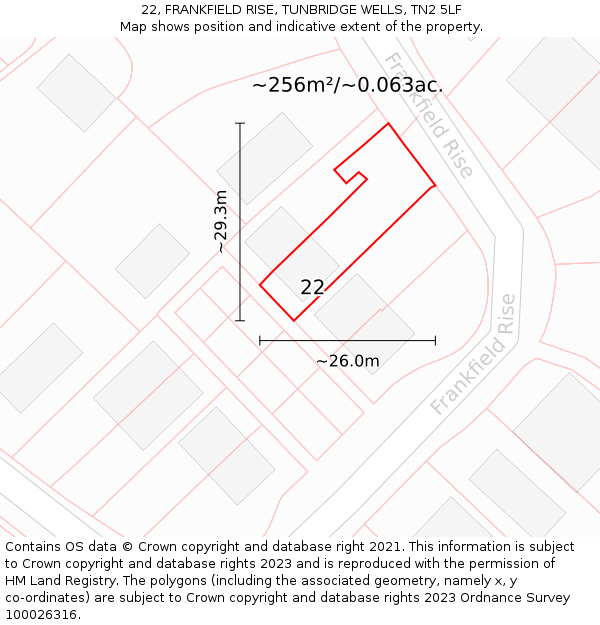 22, FRANKFIELD RISE, TUNBRIDGE WELLS, TN2 5LF: Plot and title map