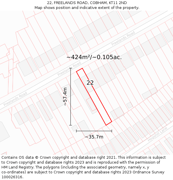 22, FREELANDS ROAD, COBHAM, KT11 2ND: Plot and title map