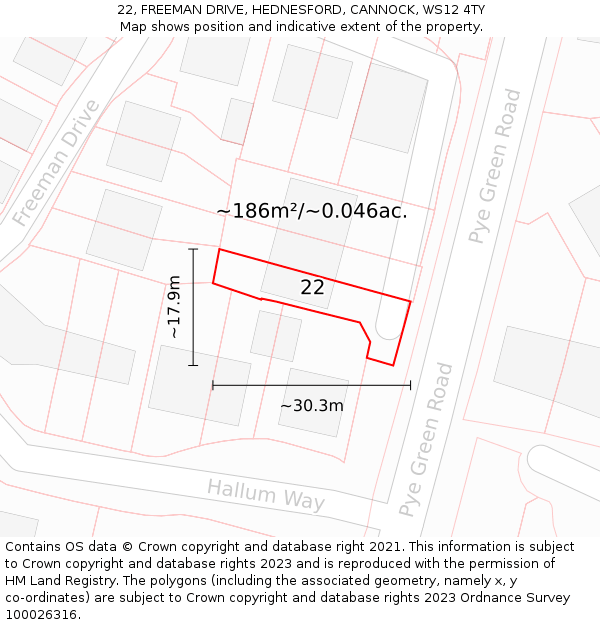 22, FREEMAN DRIVE, HEDNESFORD, CANNOCK, WS12 4TY: Plot and title map