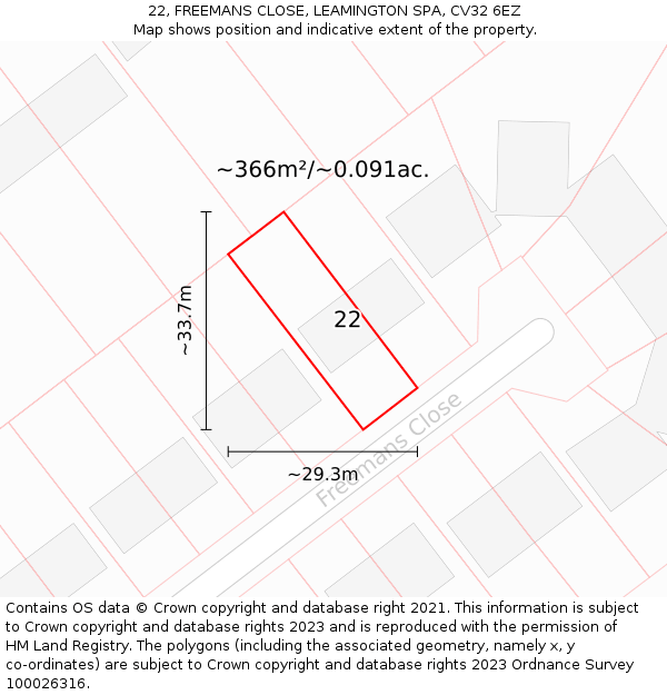 22, FREEMANS CLOSE, LEAMINGTON SPA, CV32 6EZ: Plot and title map