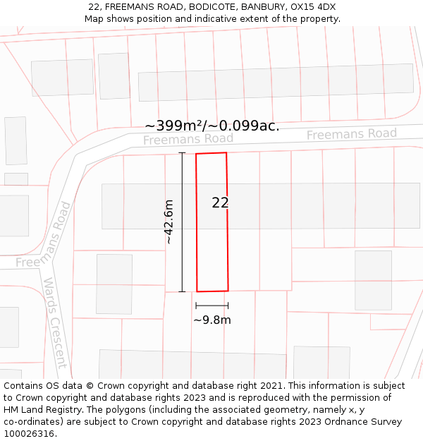 22, FREEMANS ROAD, BODICOTE, BANBURY, OX15 4DX: Plot and title map