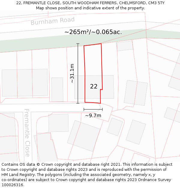 22, FREMANTLE CLOSE, SOUTH WOODHAM FERRERS, CHELMSFORD, CM3 5TY: Plot and title map
