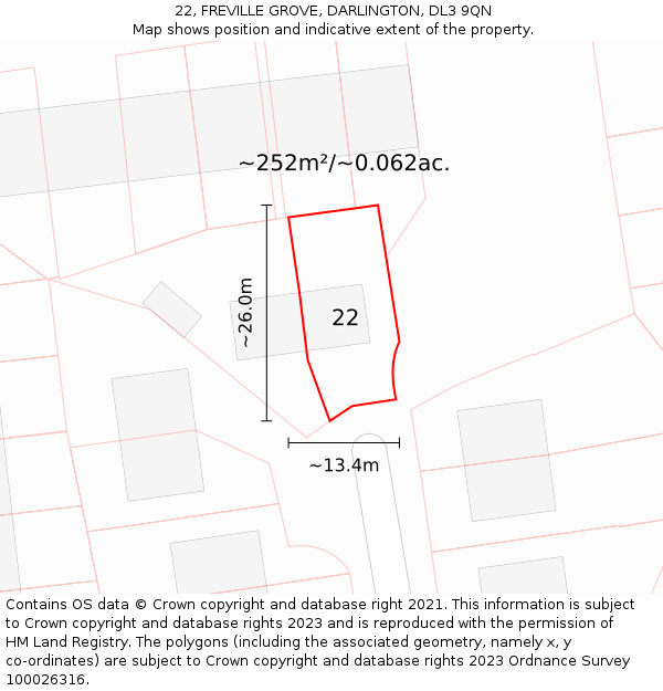 22, FREVILLE GROVE, DARLINGTON, DL3 9QN: Plot and title map