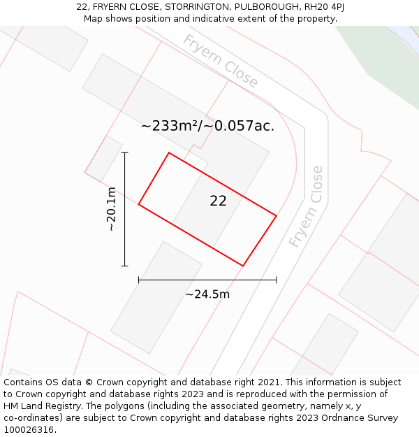 22, FRYERN CLOSE, STORRINGTON, PULBOROUGH, RH20 4PJ: Plot and title map