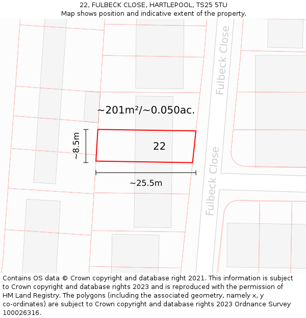 22, FULBECK CLOSE, HARTLEPOOL, TS25 5TU: Plot and title map