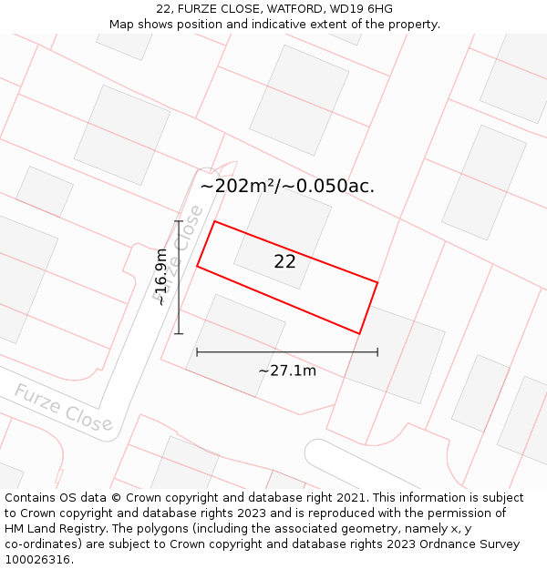 22, FURZE CLOSE, WATFORD, WD19 6HG: Plot and title map