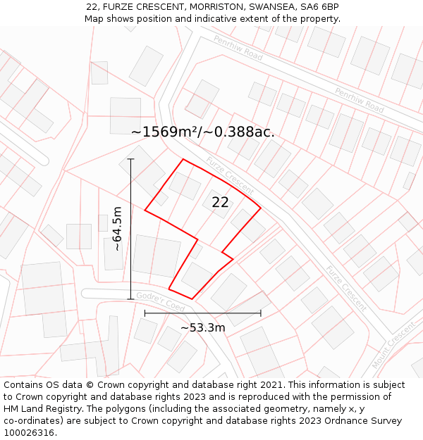 22, FURZE CRESCENT, MORRISTON, SWANSEA, SA6 6BP: Plot and title map