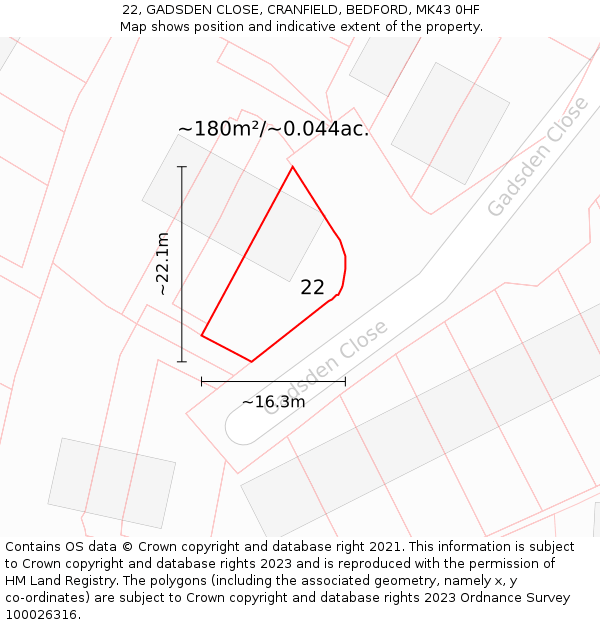 22, GADSDEN CLOSE, CRANFIELD, BEDFORD, MK43 0HF: Plot and title map