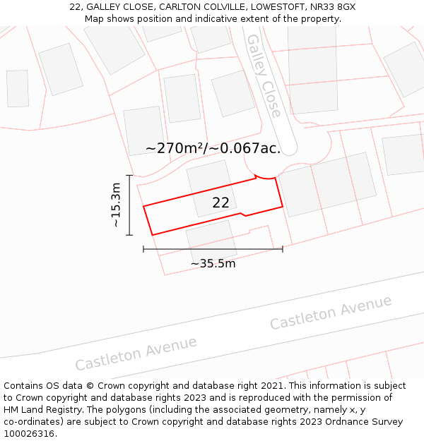 22, GALLEY CLOSE, CARLTON COLVILLE, LOWESTOFT, NR33 8GX: Plot and title map