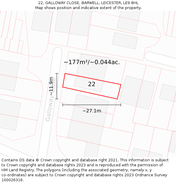 22, GALLOWAY CLOSE, BARWELL, LEICESTER, LE9 8HL: Plot and title map