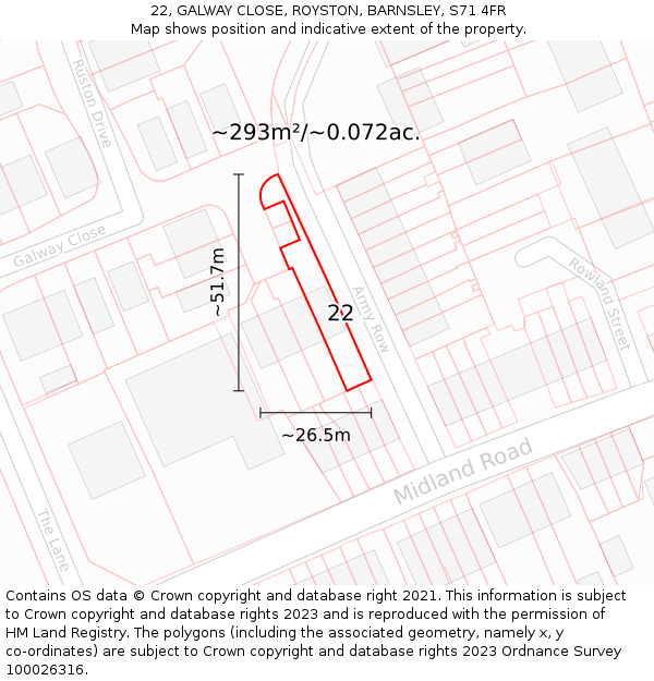 22, GALWAY CLOSE, ROYSTON, BARNSLEY, S71 4FR: Plot and title map