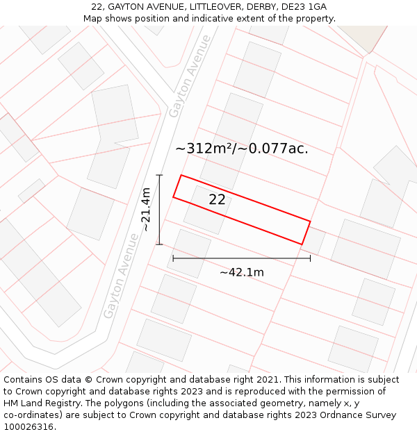 22, GAYTON AVENUE, LITTLEOVER, DERBY, DE23 1GA: Plot and title map